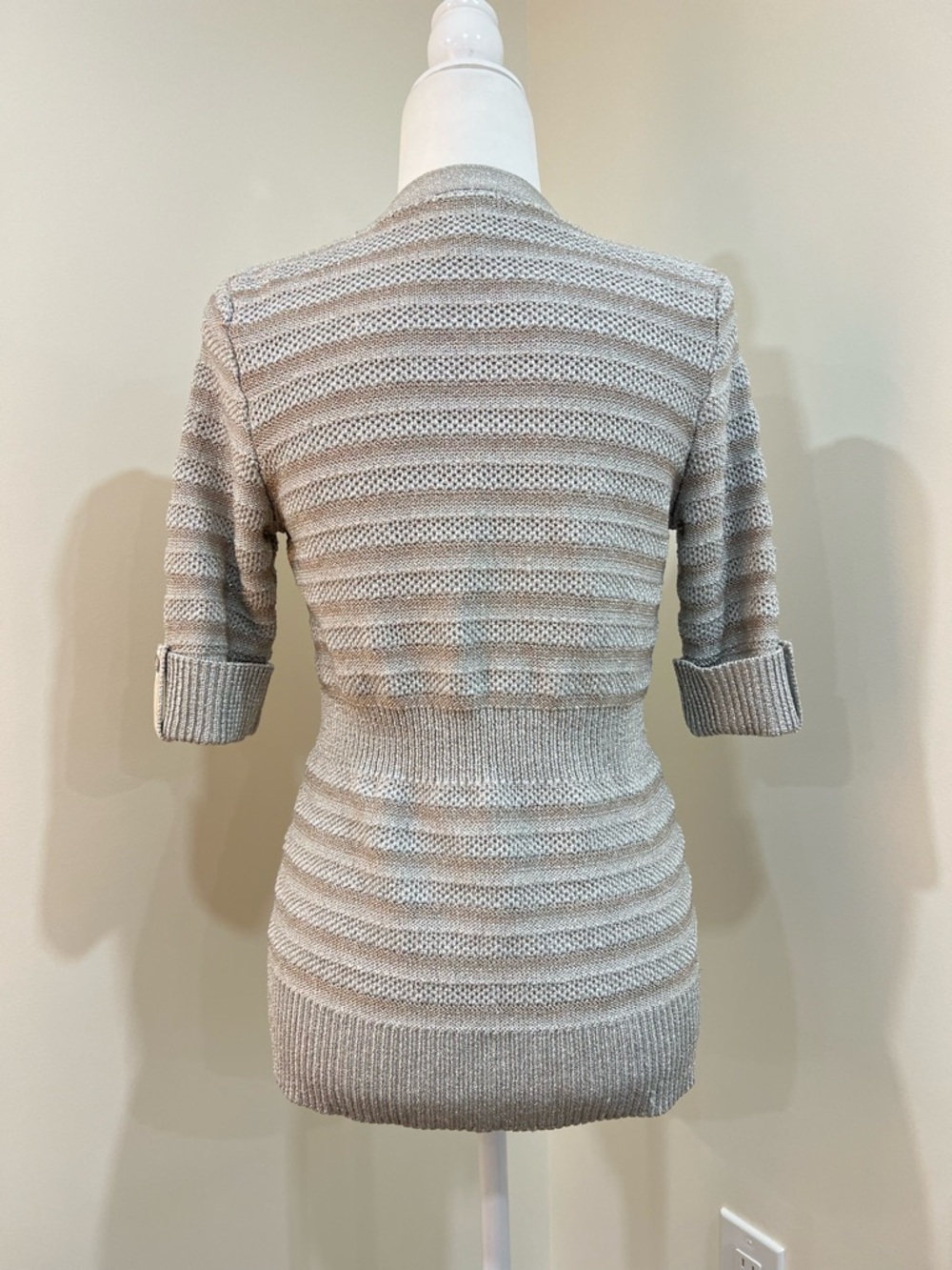 WHBM White House Black Market Silver Metallic Knit Cardigan Sweater Top Medium - Picture 4 of 8